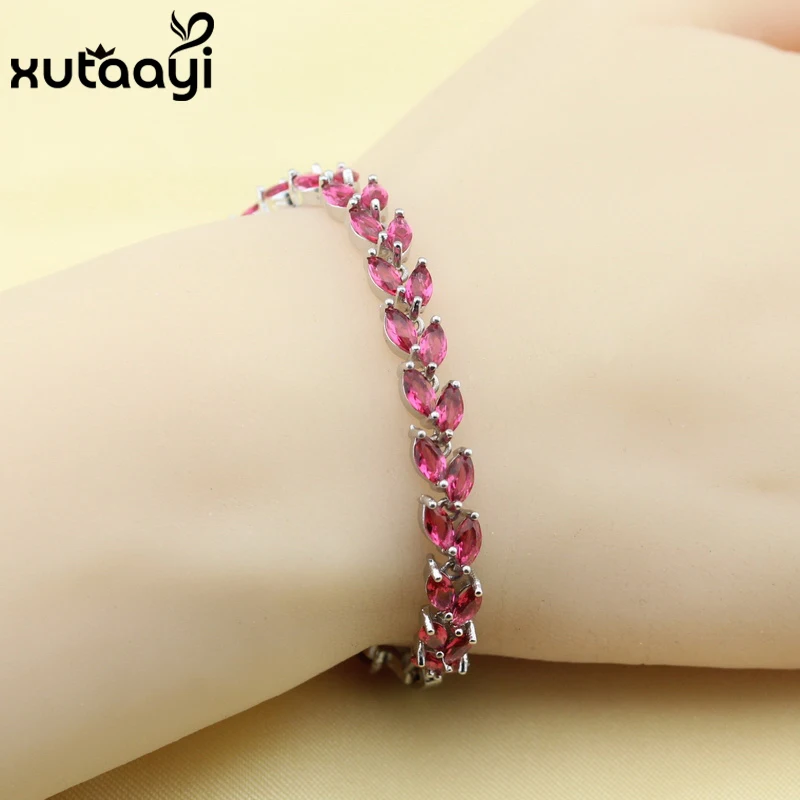 

New Fashion Red Created Garnet 925 Silver Overlay Bracelet For Women Adjustable Link Chain Bracelet Length 16+2cm