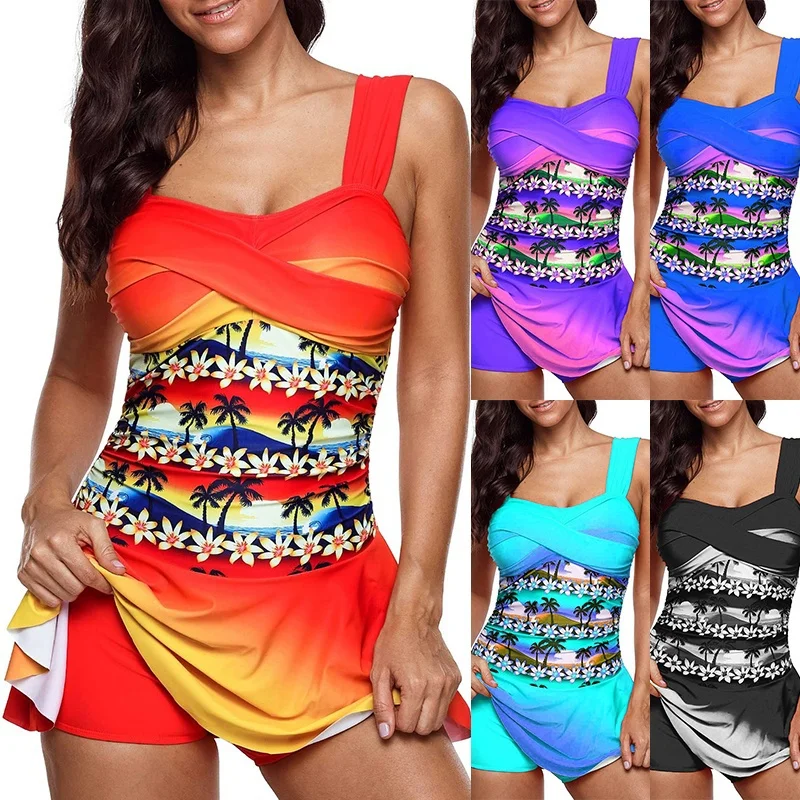 

New Women Tankini Swimdress Swimsuit Two Piece Printed Swimwear Bathing Bikini Plus Size Summer Large Skirt Padded Tankinis