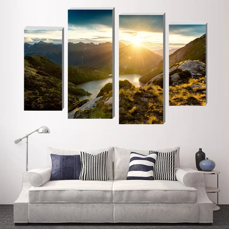 4 Pcs Rectangle Cuadros Wall Art Print Painting Canvas Pictures Room Deco landscape realist sunshine mountain spring water | Дом и сад
