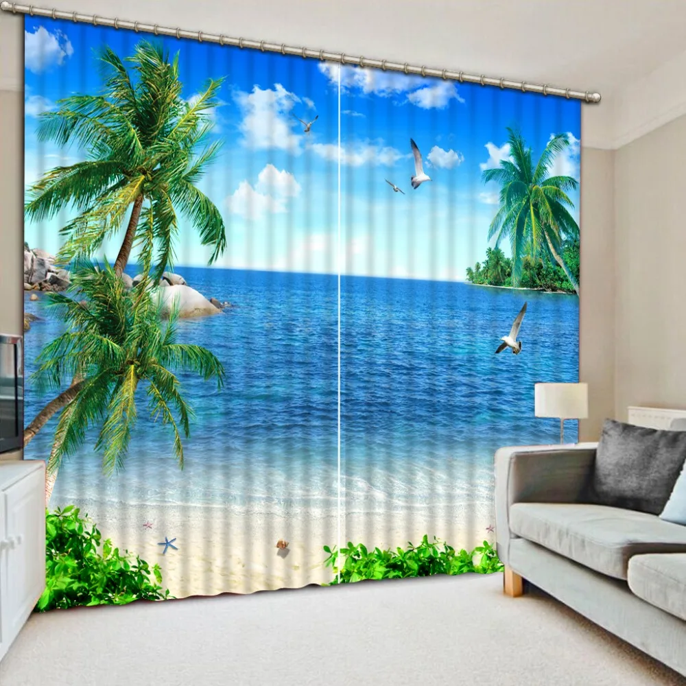 European Blackout Curtains Beach Shell Landscape 3d Window Curtain For