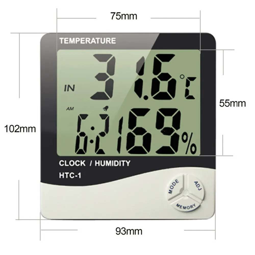 

Indoor Temperature Humidity Meter Room LCD Electronic Digital Thermometer Hygrometer Weather Station Alarm Clock HTC-1