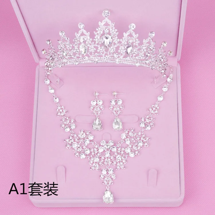 Diários de noiva Nupcial Flor Waterdrop Cor Prata Strass Noiva 3 pcs Set Colar Brincos Conjunto De Jóias de Casamento Da Tiara Da Coroa (3)