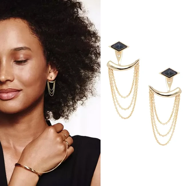 European fashion jewelry S D J Drape Ear Jacket Gold tassel drop EARRINGS Versatile 4 in