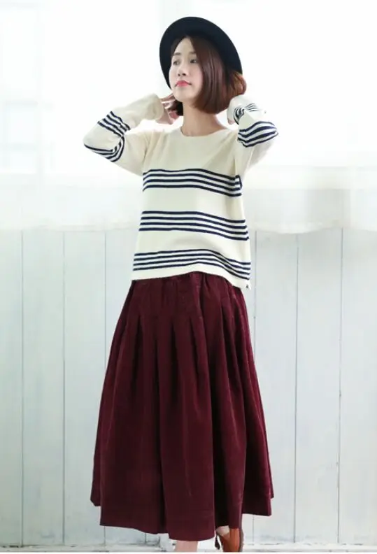 Literature Plus Size Style Corduroy Skirt Mid-length Vintage Loose A-line Type Skirt Elastic Waist Pleated Bubble Long Skirt 11