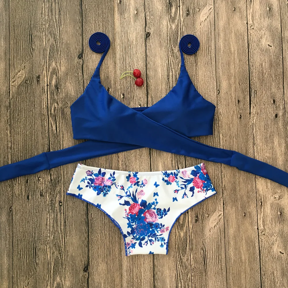 Сексуальное женское бикини с пуш-ап бюстгальтером, перекрестный бандаж, купальник из двух частей, Одежда для пляжа, Одноцветный синий топ с принтом, низ купальника