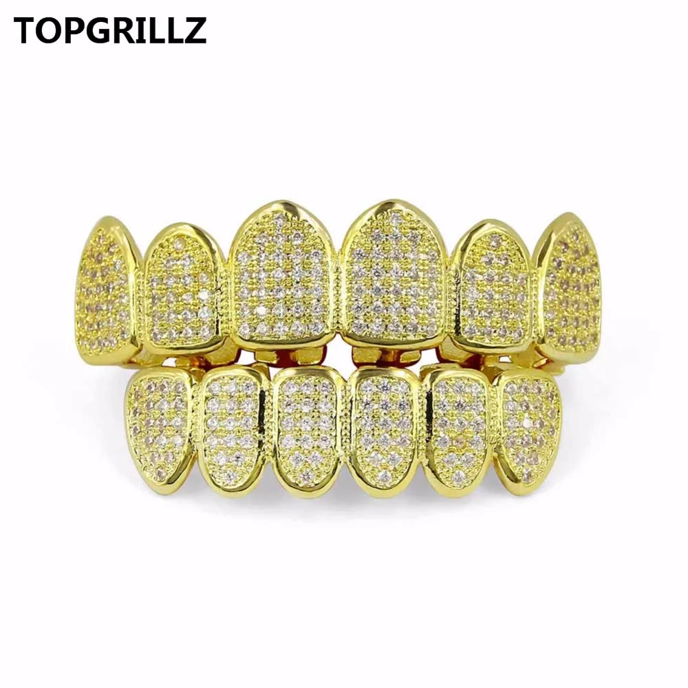 

TOPGRILLZ Silver & Gold Color Plated High Quality Micro Pave CZ Stone Top & Bottom GRILLZ Mouth Hip Hop Teeth Grills Set