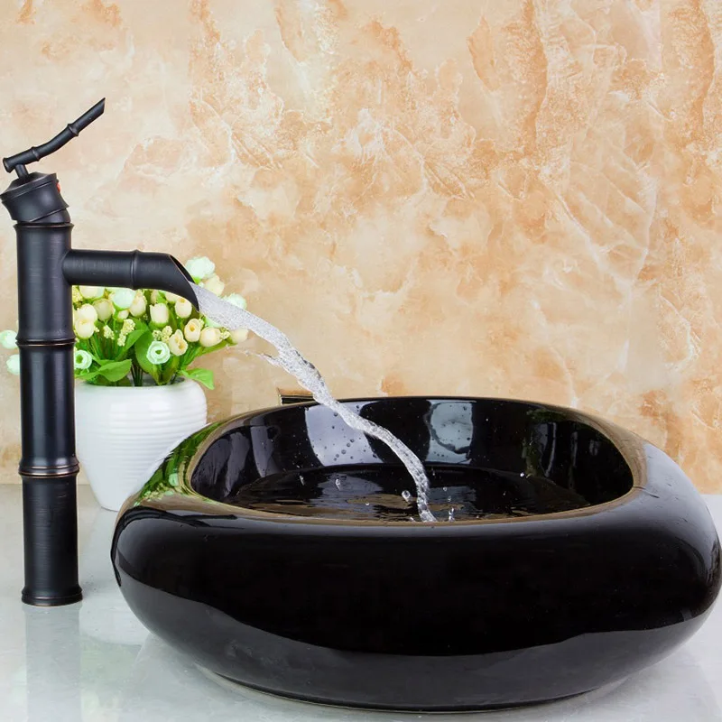 Black Tap Sink 1 OUBONI Овальный умывальник из бамбука, Черный кран, раковина для ванной комнаты, умывальник из закаленной керамики, ручная роспись, для ванны, латунный набор, кран, смесители - Цвет: Black Tap Sink 1