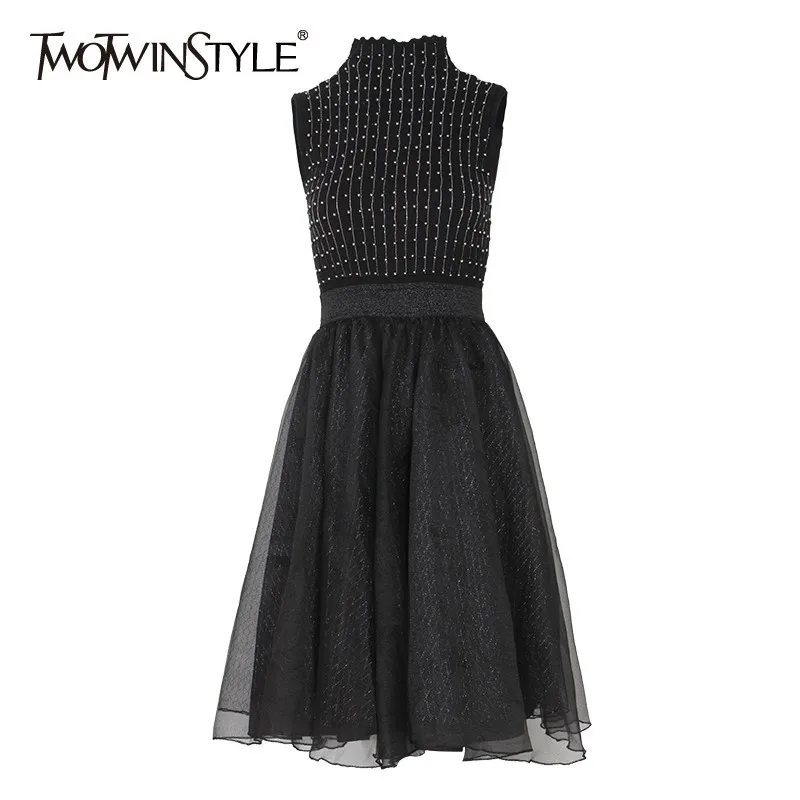 

TWOTWINSTYLE Summer Sleeveless Women Dress Stand Collar High Waist Mesh Patchwork Knitted Dresses Female Fashion 2019 New