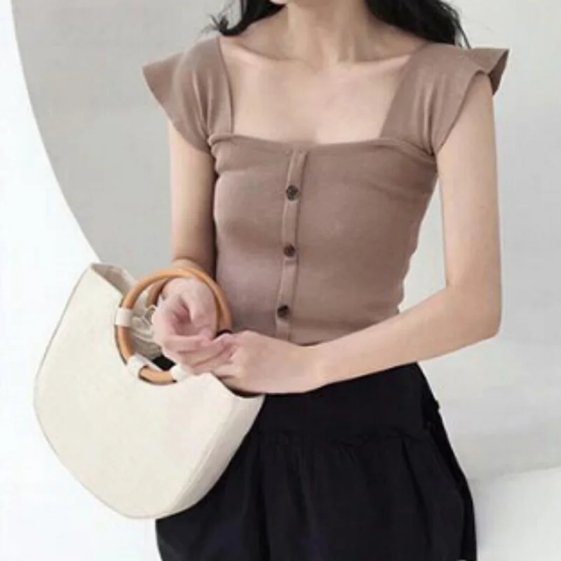 

Girls Knitted Ruffles Buttons Chic Camis Short Tops Sleeveless Shirts Female Stretchy Camisoles Tanks Crop Tops For Women