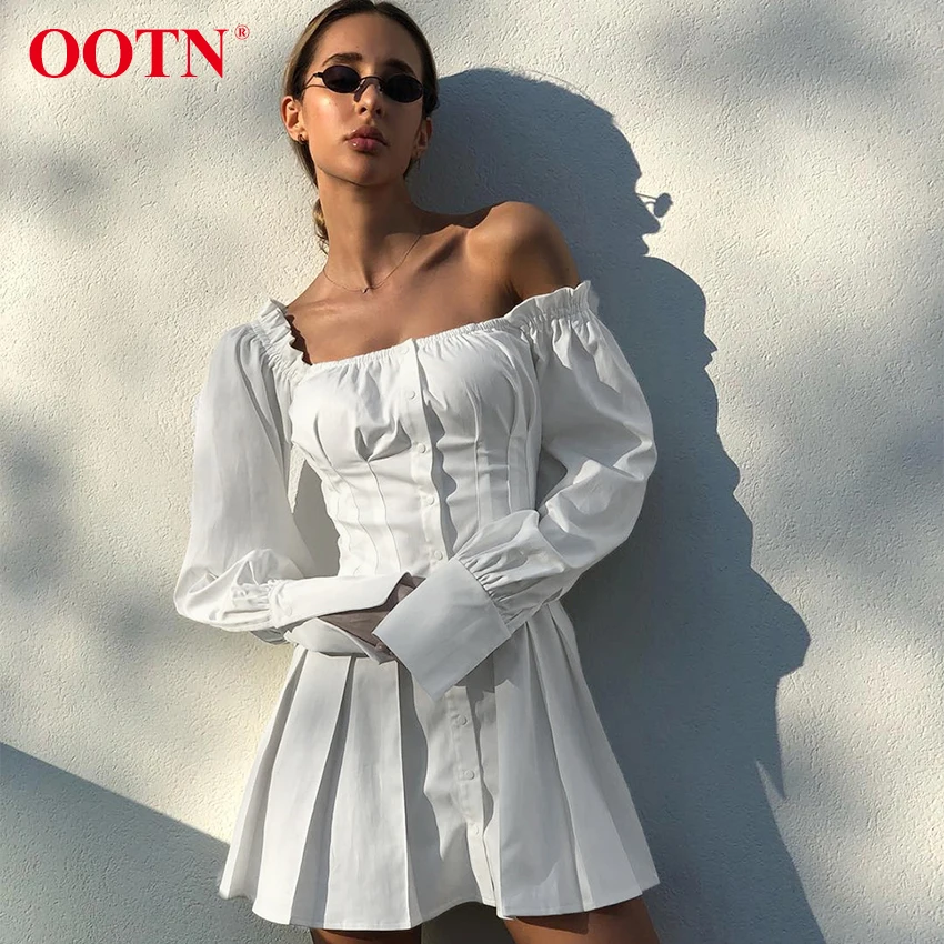 OOTN Sexy Off  Shoulder  White Tunic Dress  Pleated Summer 