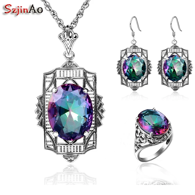 Набор бижутерии из серебра 925 пробы с радужным Мистик топазом|jewelry sets|set fashionset |