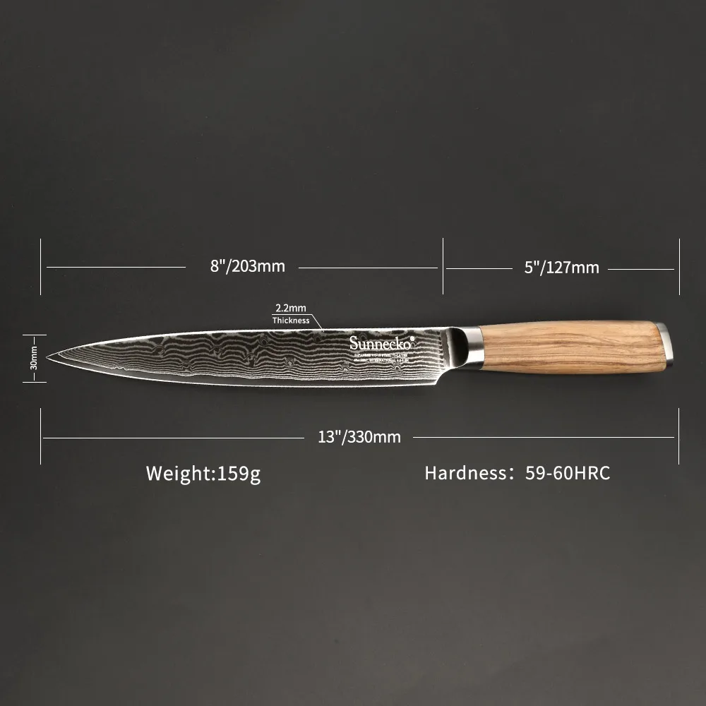 SUNNECKO " дюймовый кухонный нож для нарезки дамасский японский VG10 стальные ножи с острым лезвием оригинальная деревянная ручка резак для мяса