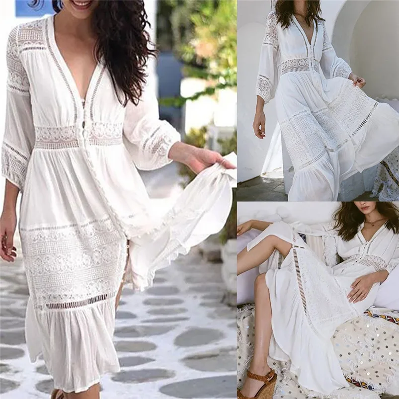 Dress Women Lace Panel Embroidery Sexy V-neck Cropped Sleeve Openwork Dress Slim Soft Touch Dresses Summer 2019 New Arrival F25 (2)