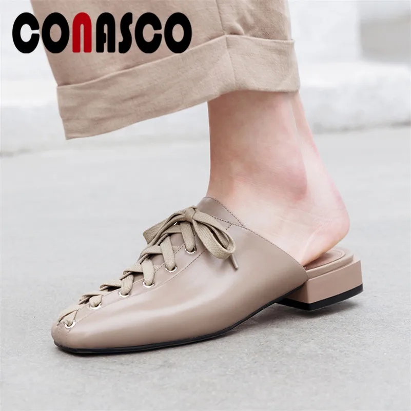 

CONASCO 2019 Summer New Fashion Vintage Round Toe Shallow Slip on Women Pumps Lace Up Genuine Leather Mules Summer Basic Sandals