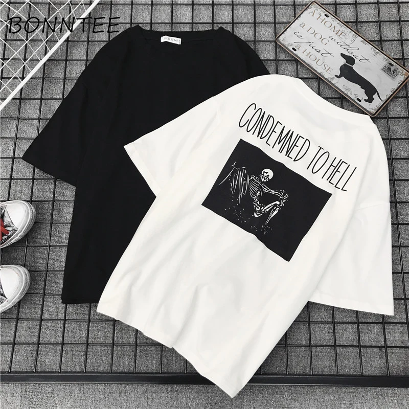 تي شيرت النساء BF فضفاض إلكتروني المطبوعة س الرقبة نصف كم تيز إمرأة العصرية الكورية نمط شيك الكرتون المدرسة الحلو الفتيات عارضة