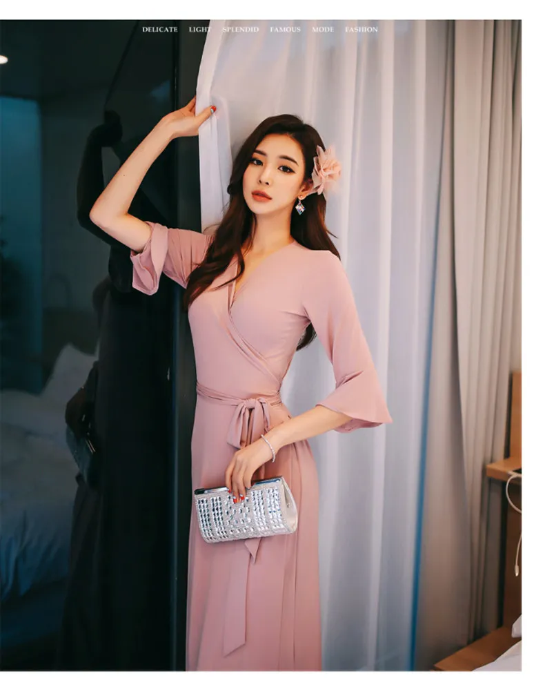 JIU YI YANG, летнее богемное женское пляжное платье, модное однотонное длинное платье с v-образным вырезом, облегающее Повседневное платье, вечерние, сексуальные платья