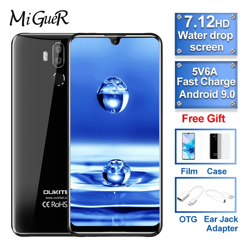 

OUKITEL K9 Waterdrop 7.12" FHD+ 1080*2244 16MP+2MP/8MP Smartphone 4GB 64GB Face ID 6000mAh 5V/6A Quick Charge OTG Mobile Phone