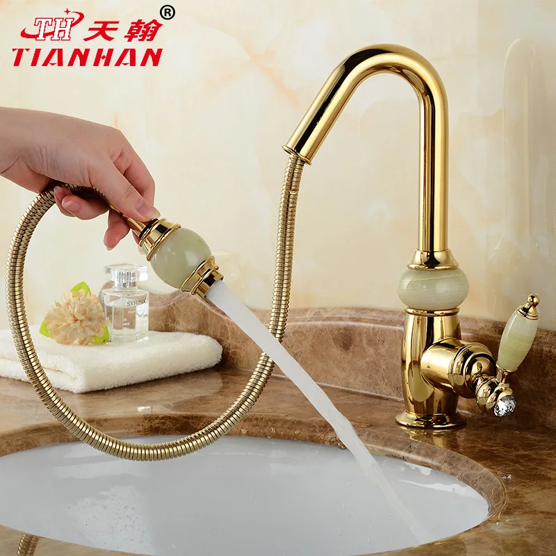 

European natural jade copper rose gold pull type faucet bathroom basin single hole basin faucet