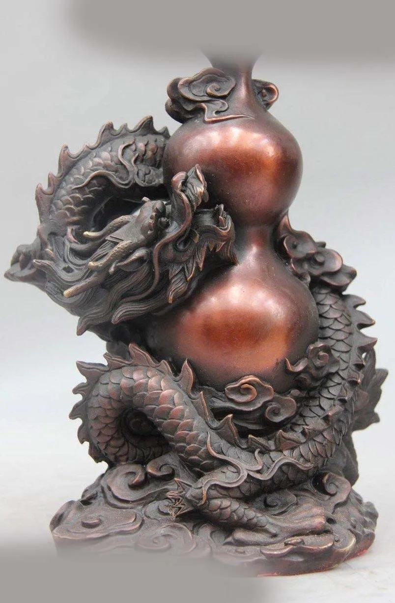 

9" China Bronze Copper Feng Shui Dragon Bottle Gourd Vase Statue Sculpture (D0426)