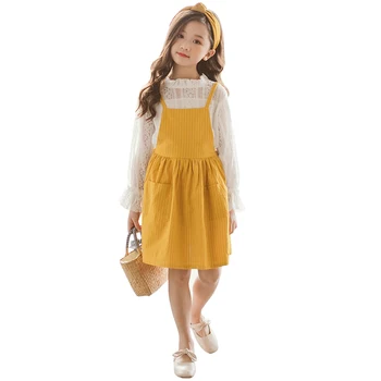 

Girls Clothing Set 2018 Autumn Clothes Suit 2 Pcs Sets School Outfits White Lace Long Sleeve T-shirt+sling Dress 8 10 12 Years