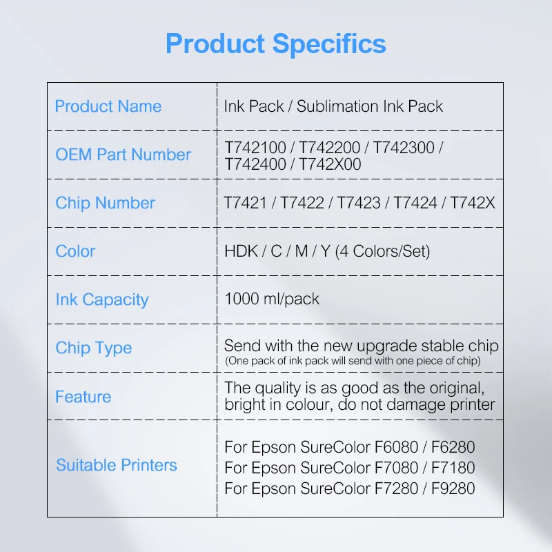 4 упак./лот 1000 мл T7421 T742X чернил пакеты сублимационные чернильные краски пакет для Epson суреколор F6080 F6280 F7080 F7180 F7280 F9280 принтер