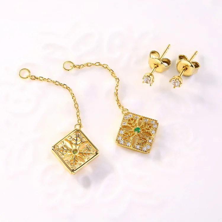 

3K gold drop earrings decorate with white zircon for women 925 sterling silver natural emerald lace long square