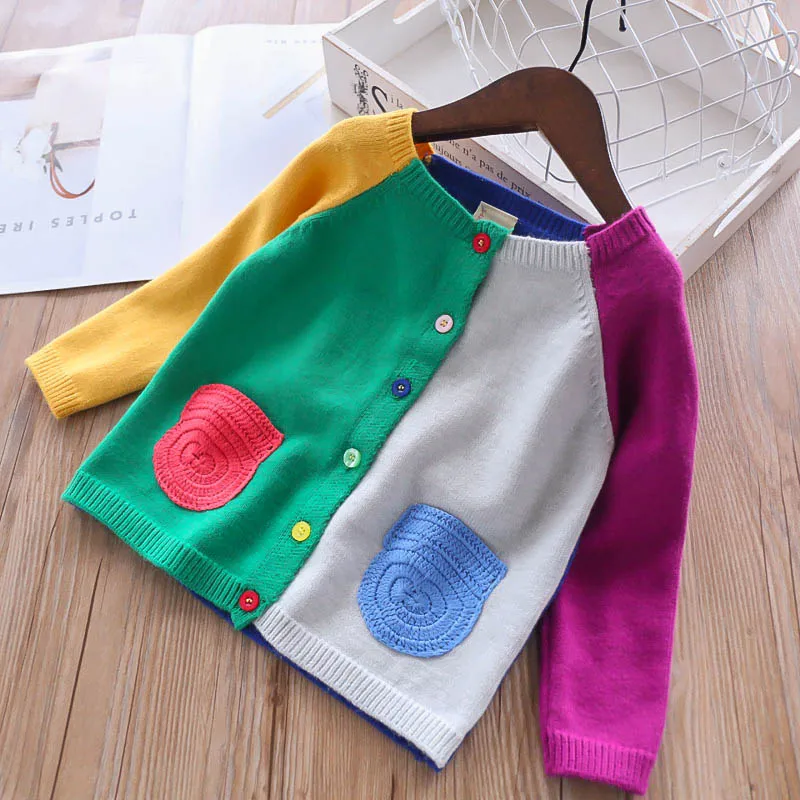 

Girls Cute Cardigan Spring Baby Girls Sweater Patchwork Mix Color Pockets Kids Knitted Cardigan Sweater Children Knitted Sweater