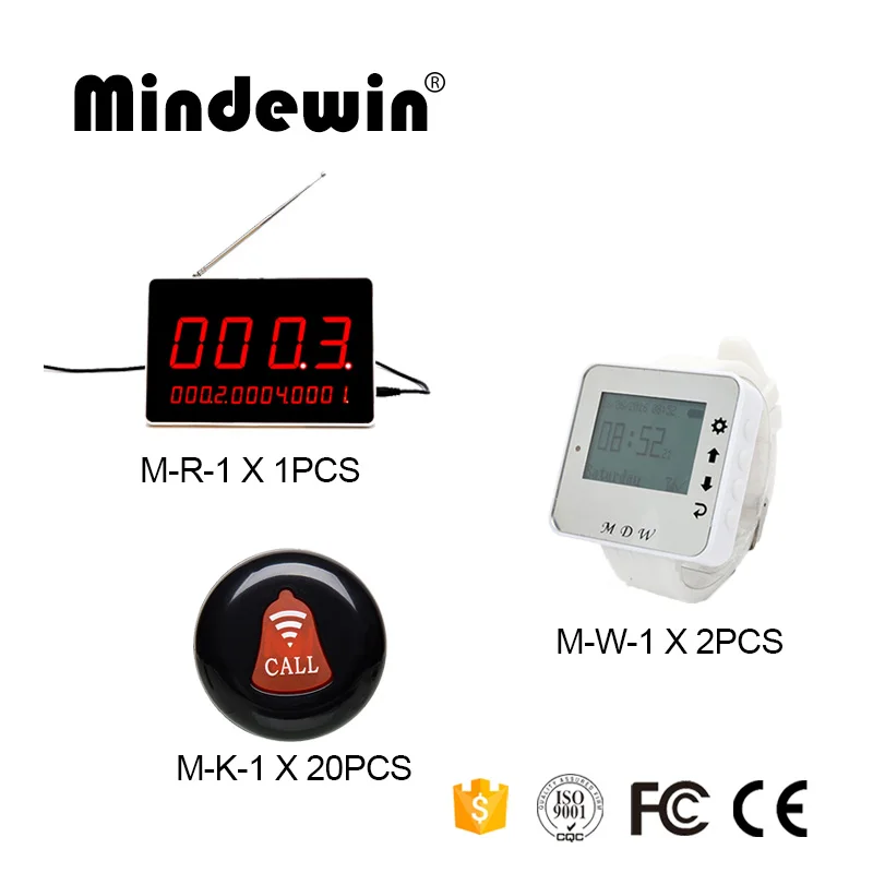 

Mindewin Restaurant Service Button Systems 1PCS LED Display Panel M-R-1 + 2PCS Watch Pager M-W-1 + 20PCS Call Button M-K-1