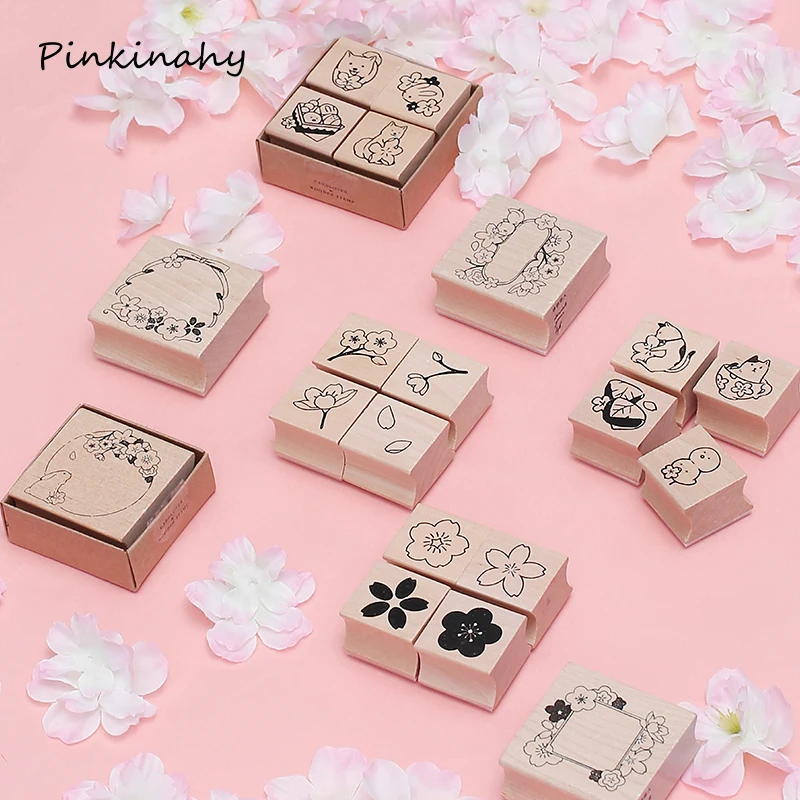 Деревянные штампы серии Cherry blossom и Cat DIY резиновые для канцелярских