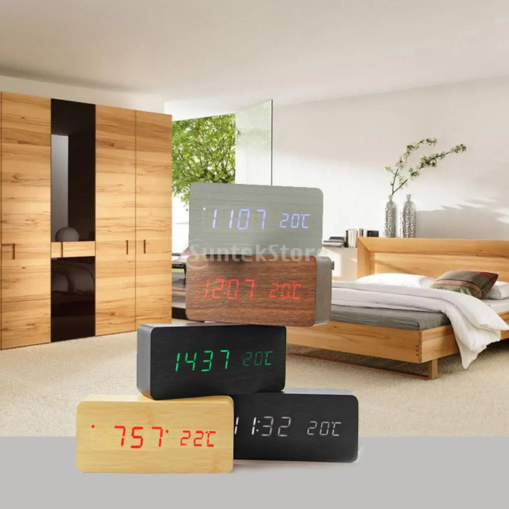 

Home Travel Wooden Digital LED Alarm Clock Sound Control Temperature Display Calendar 18 Style Choice