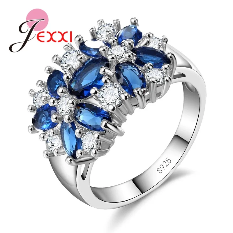 

JEXXI Valentine's Day Gift Womens 925 Sterling Silver Romantic Wedding Large Colored Ring Blue Green Zircon Sets Ring Jewelry