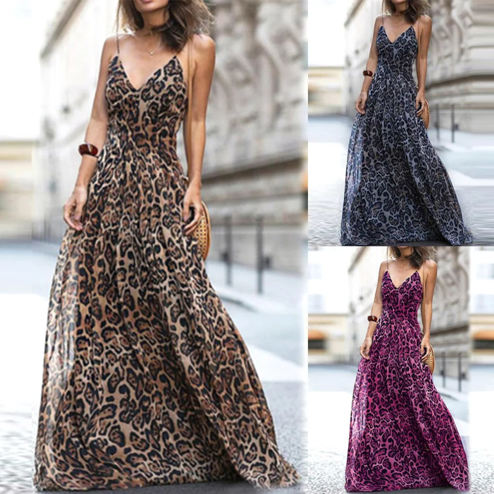 

Women Sexy Leopard Dress 2019 Summer Ladies Spaghetti Strap Swings Maxi Long Dress Plus Size Sleeveless V-neck Party Vestido