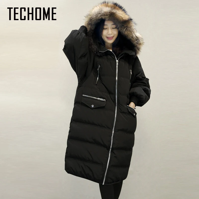New Fashion Winter Coat Women Down Jacket Hooded Fur Collar Loose Women Parkas Zipper Ladies Outwear Parkas Long Down Jacket