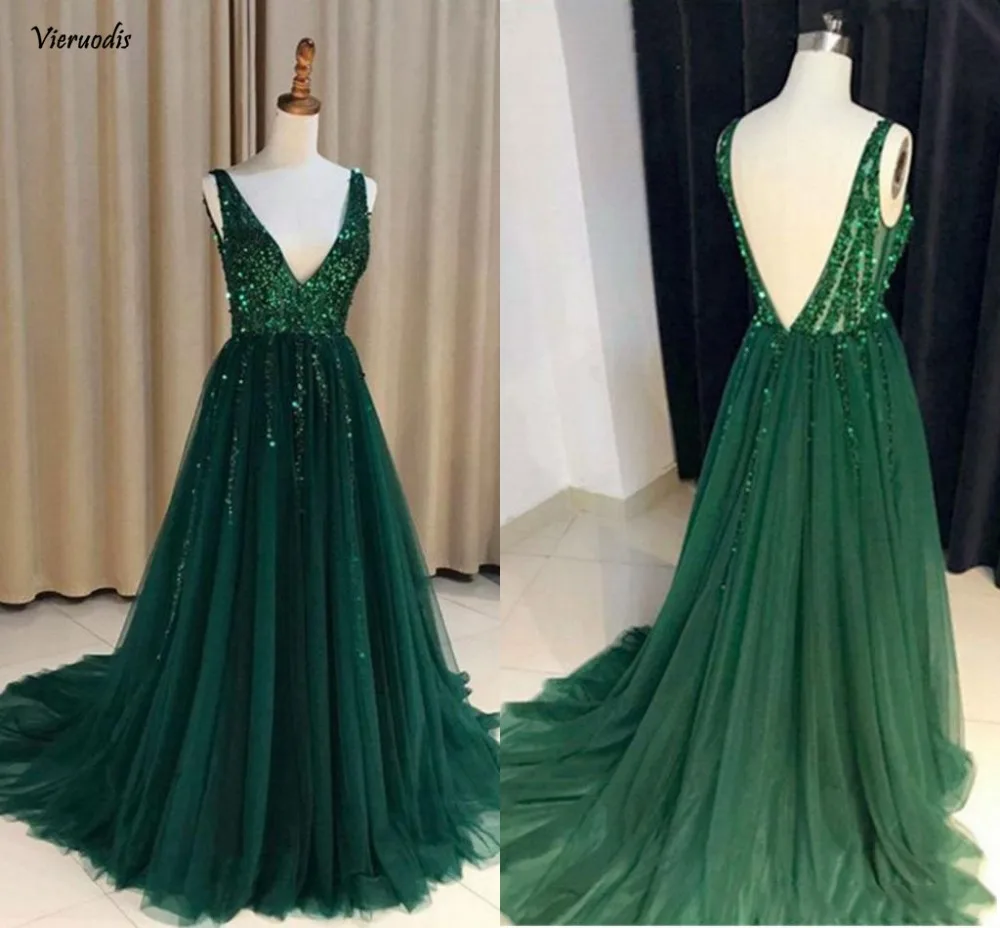 

Dark Green Sexy Prom Dresses 2018 Deep V Neck Backless Crystals A Line Long Real Photos Party Gowns Vestidos De Fiesta