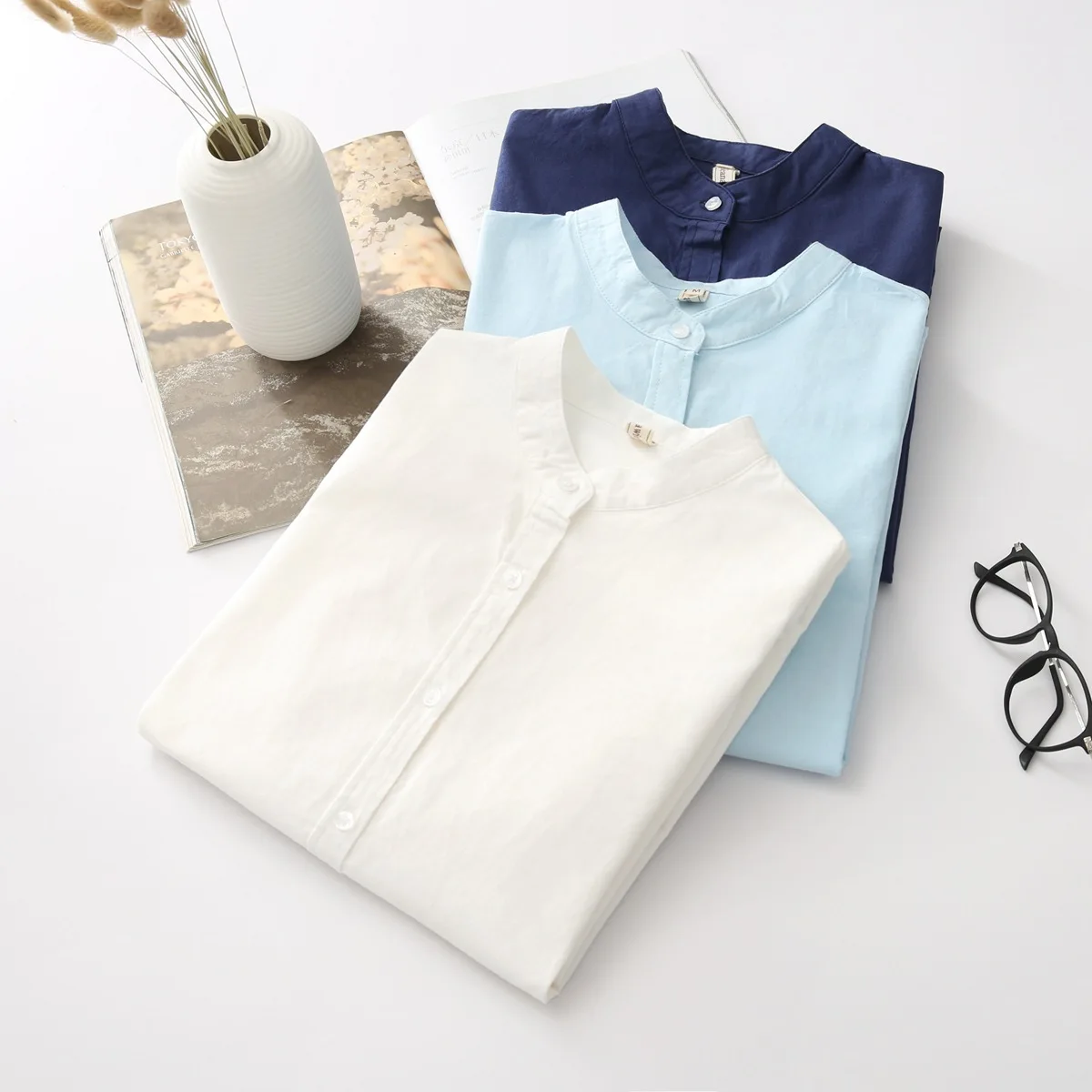 Camicia da Donna in Raso con Volant alla Moda, Colletto alla Coreana, Primavera Autunno, Camicetta da Donna A Maniche Lunghe con Bottoni GN S
