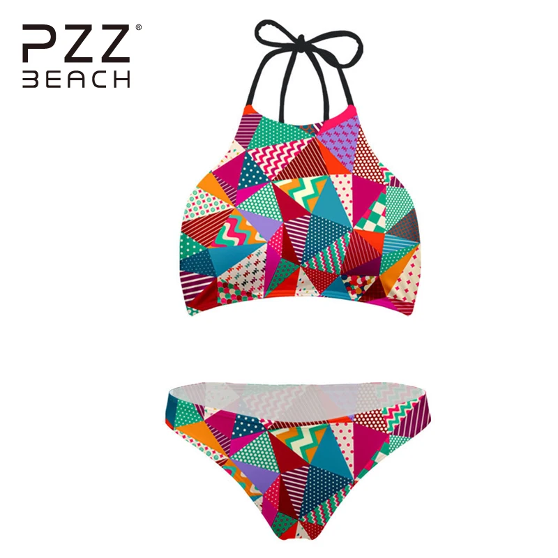 

Geometric Style Sexy 2018 Bikini Set Push Up Swimsuit Low Waist Women Swimwear Patchwork High Neck Bikinis Brazilian Monokini