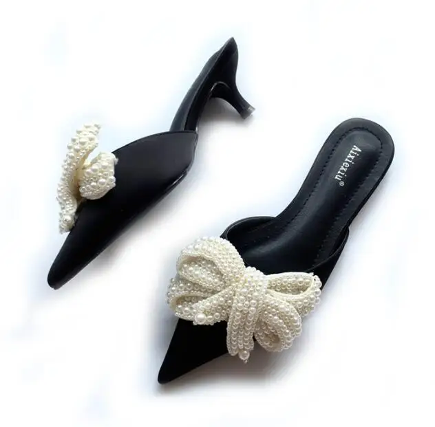 

Carpaton Pointed Toe Pearls Beaded Bowknot Woman Slippers 2019 Sexy Low Heels Mules Summer Fashion Dress Shoes Black Rose Pink