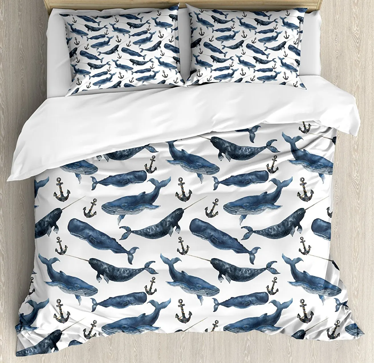 Набор пододеяльников для пуховых одеял Narwhal Aquarelle киты с якорями морская биология