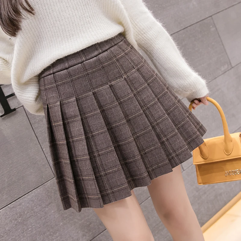 Autumn Winter Shorts Skirt New Woollen Plaid Pleated Skirt Female Sweet
