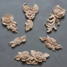 1PC New Flower Wood Carving Natural Wood Appliques for Furniture Cabinet Unpainted Wooden Mouldings Decal Decorative