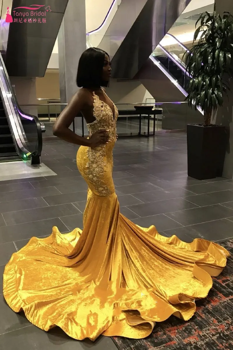 Gorgeous Yellow Velvet Long Train Mermaid African American Prom Dress Dqg940 Prom Dresses Aliexpress