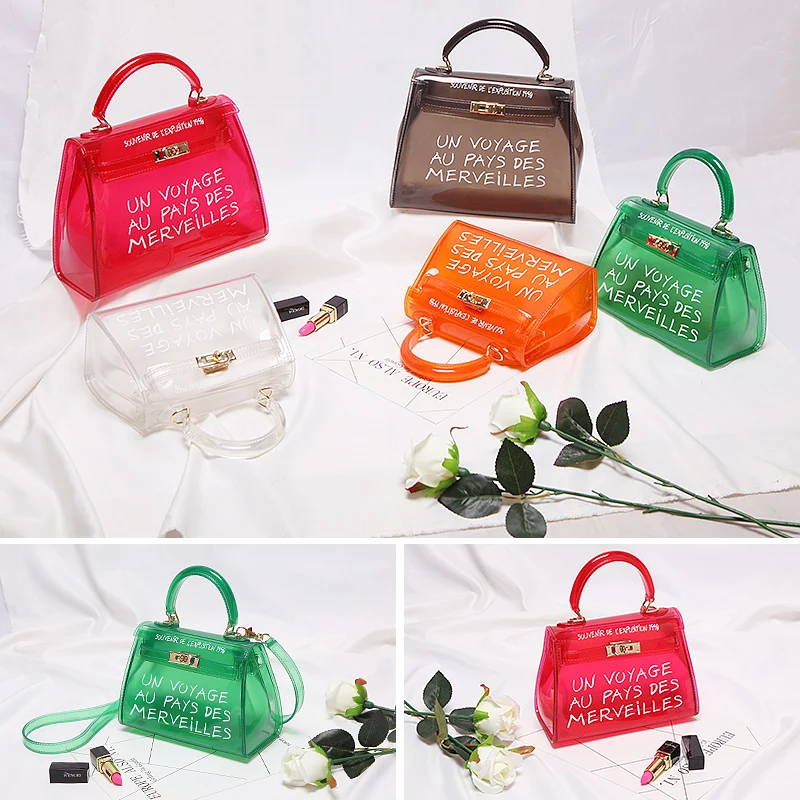 نساء حقائب شفافة رسالة مطبوعة الأعلى مقبض حقيبة لون الحلوى الصيف حمل حقائب السفر الكتف crossbody حقيبة مع وشاح نساء حقائب شفافة رسالة مطبوعة الأعلى مقبض حقيبة لون الحلوى الصيف حمل حقائب السفر الكتف crossbody حقيبة مع وشاح