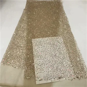 

2019 high quality sequence French Nigerian sequins net lace,African tulle mesh sequence lace fabric for dress 5yards/lot Gold