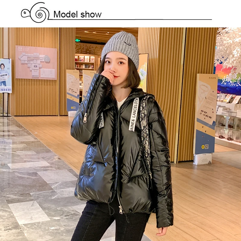 New Design Women Fashion Winter Jacket Hooded Shining Fabric Female Short Coat Outwear parka Mujer Invierno