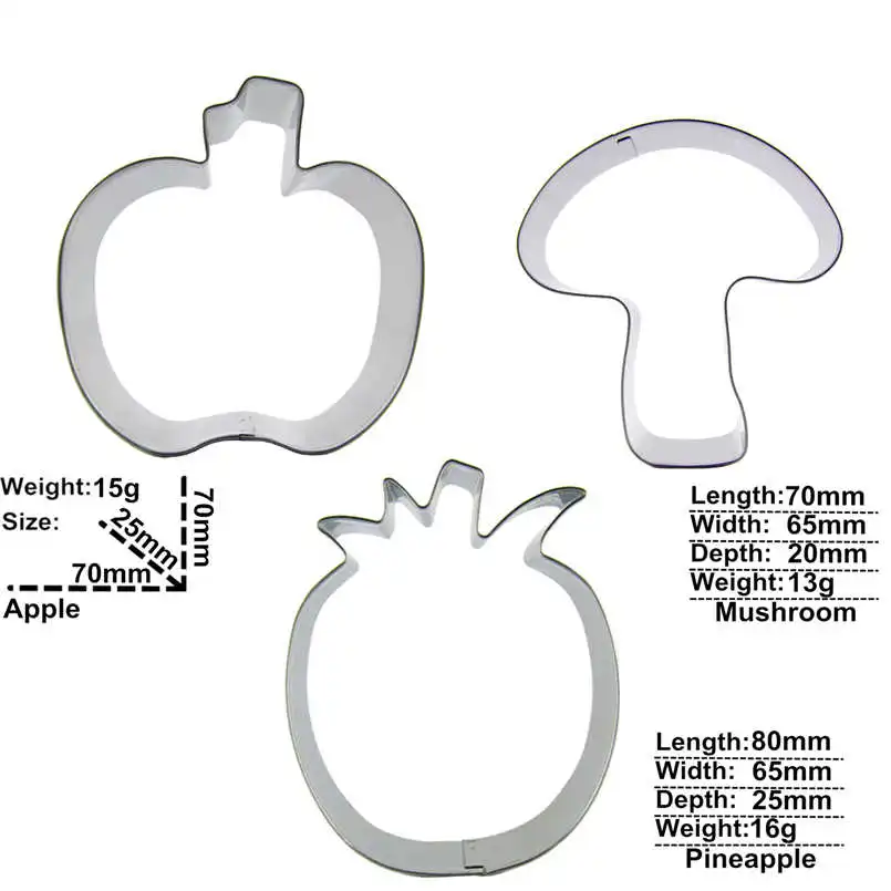 Apple, Mushroom, Pineapple shaped 3 piece biscuit cutting molds, baking tools, cake decorating soft candy tools.