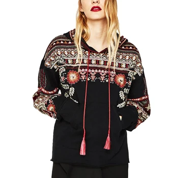 

black women hooded hoodies 2017 chic Tassels knitted Pullovers ethnic Floral Embroidery long sleeve Casual hoodies sweatshirts