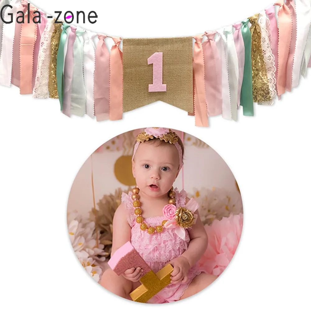 

Gala-zone Pink Series Ribbon Banner 1st Birthday Party Baby Shower Flag Chair Nursery Garland for Girl Candy Bar Decoration