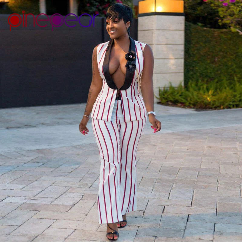 

PinePear 2019 Spring Women White Striped 2 PCS Set Sleeveless Single Button Jacket and Pants Suit Office Lady Pant Suits Outfits