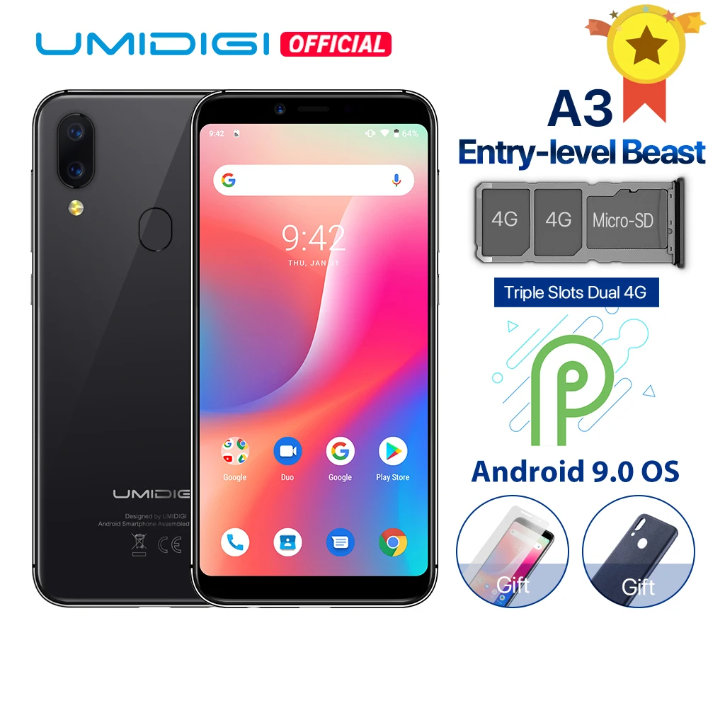 UMIDIGI A3, Android 9,0, глобальная полоса, 5,5 дюймов, incell HD+ дисплей, 2 ГБ+ 16 ГБ, смартфон, четырехъядерный, 12 Мп+ 5 МП, разблокировка лица, двойной, 4G, мобильный телефон