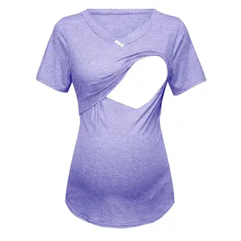 

Women's pregnant women short-sleeved solid color button V-neck breastfeeding maternity dress shirt ropa para embarazada A1